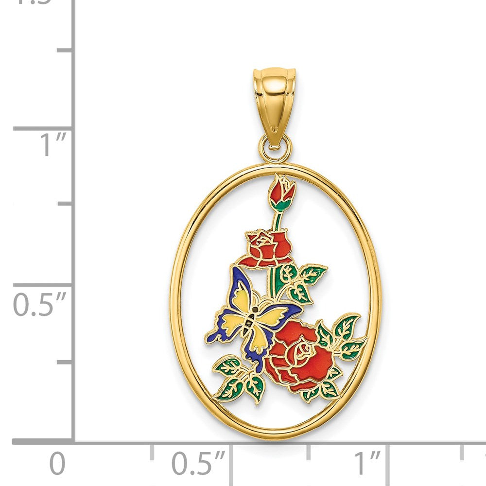 14K Gelbgold Charm Gelber Schmetterling in ovaler roter Blume mit Emaille