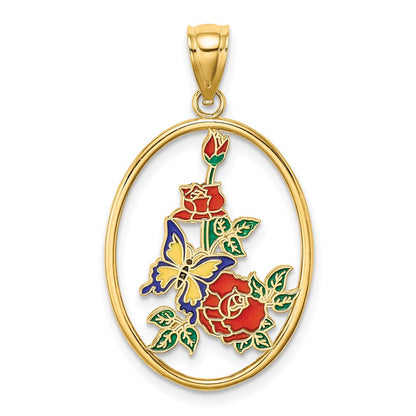 14K Gelbgold Charm Gelber Schmetterling in ovaler roter Blume mit Emaille