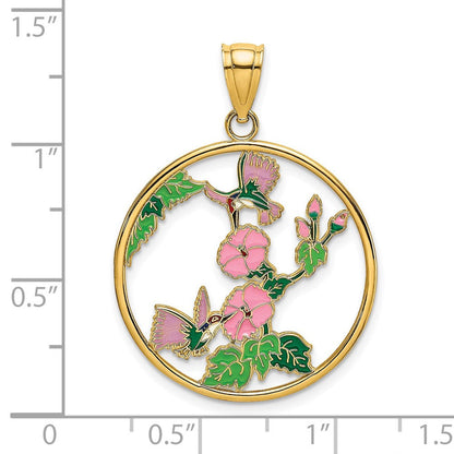 14K Gelbgold-Charm mit Emaille-Kolibris und Blumen im Kreis