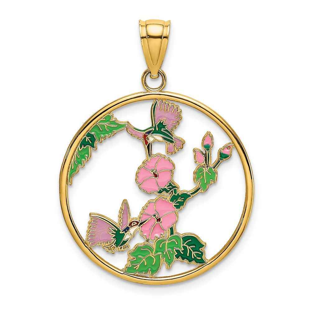 14K Gelbgold-Charm mit Emaille-Kolibris und Blumen im Kreis