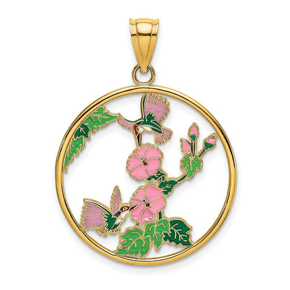 14K Gelbgold-Charm mit Emaille-Kolibris und Blumen im Kreis