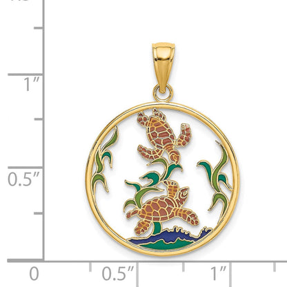 14K Gelbgold Charm mit Meeresschildkröten in Emaille im Kreis