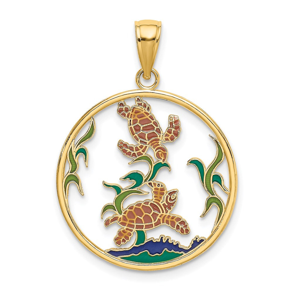 14K Gelbgold Charm mit Meeresschildkröten in Emaille im Kreis