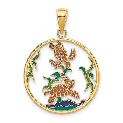 14K Gelbgold Charm mit Meeresschildkröten in Emaille im Kreis