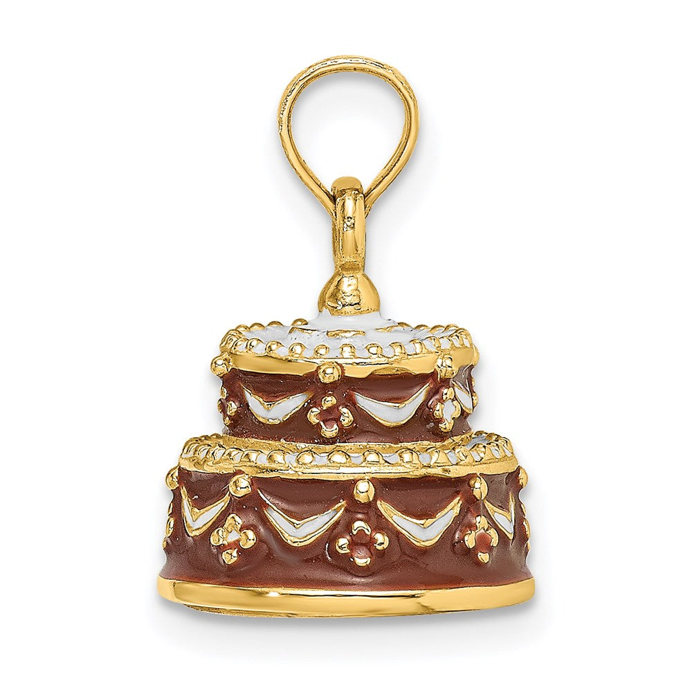 14K Gelbgold 3-D emaillierter „HAPPY BIRTHDAY“-Kuchen-Charm mit brauner Zuckerguss-Verzierung