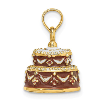 14K Gelbgold 3-D emaillierter „HAPPY BIRTHDAY“-Kuchen-Charm mit brauner Zuckerguss-Verzierung