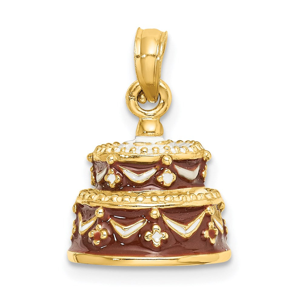 14K Gelbgold 3-D emaillierter „HAPPY BIRTHDAY“-Kuchen-Charm mit brauner Zuckerguss-Verzierung