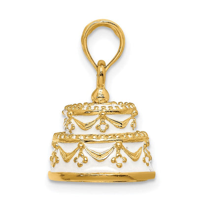 14K Gelbgold Polierter Emaillierter JUST MARRIED 3-D Hochzeitstorten-Anhänger