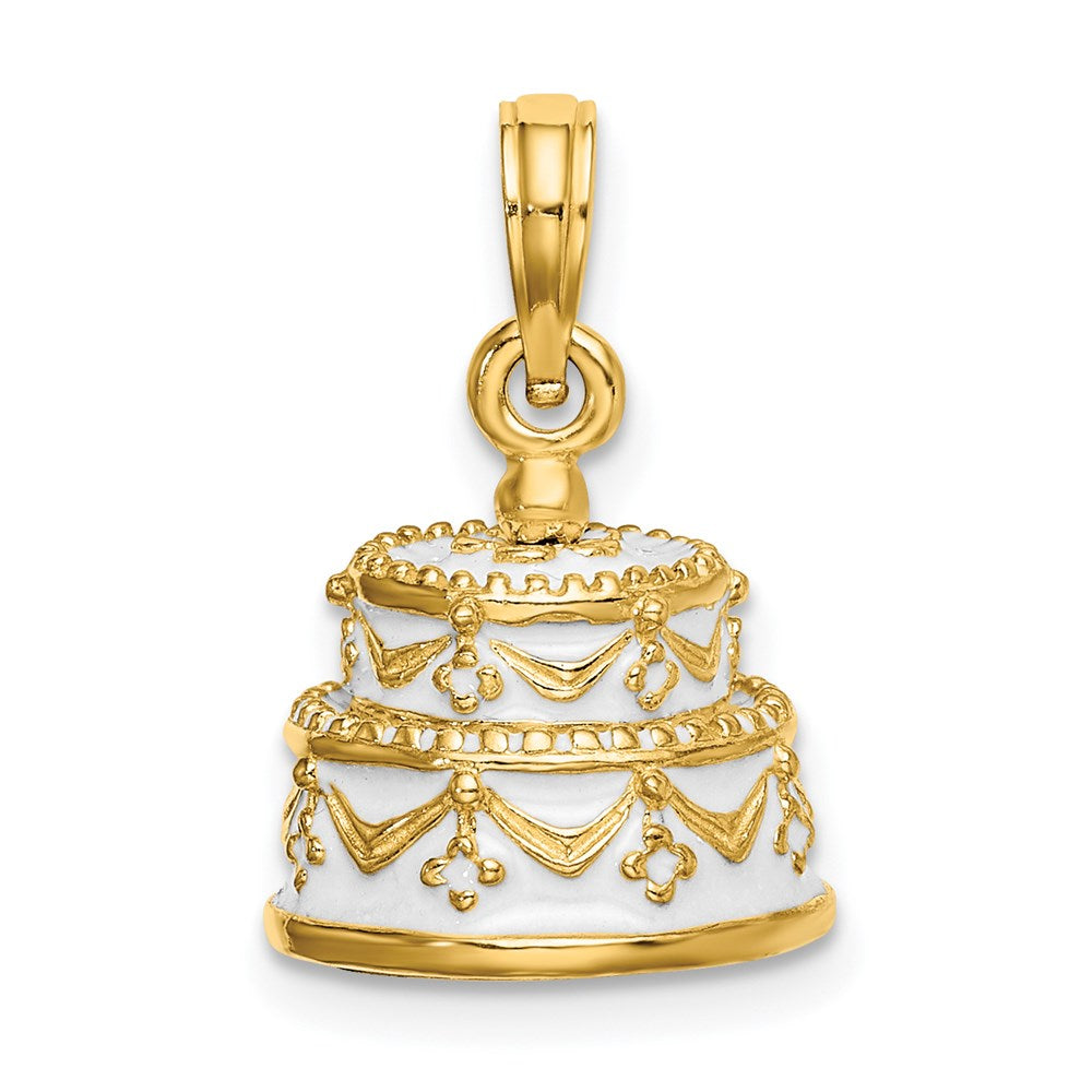 14K Gelbgold Polierter Emaillierter JUST MARRIED 3-D Hochzeitstorten-Anhänger