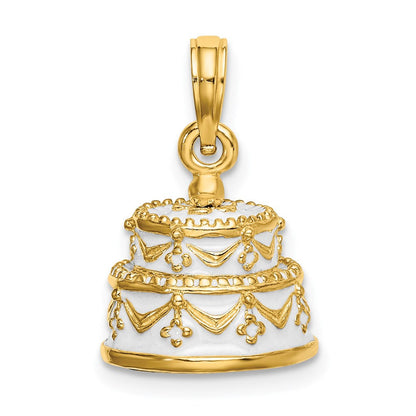 14K Gelbgold Polierter Emaillierter JUST MARRIED 3-D Hochzeitstorten-Anhänger