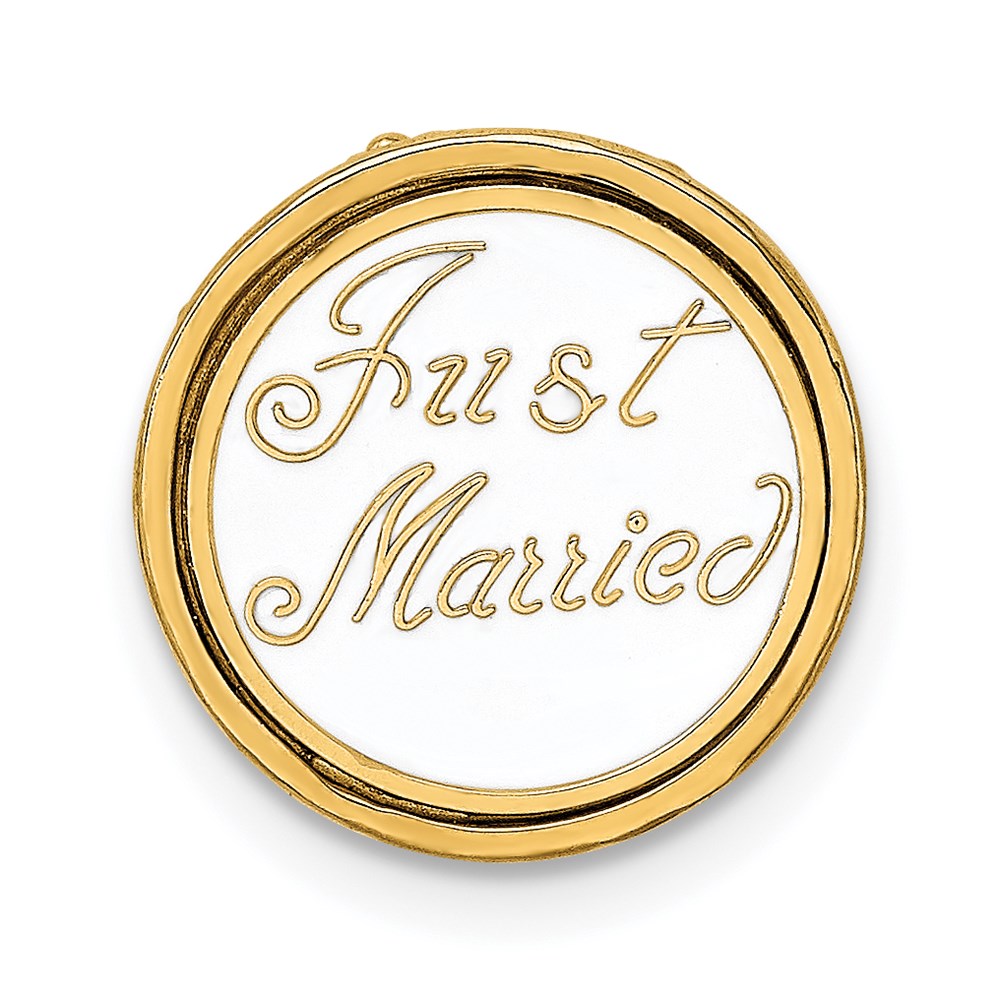 14K Gelbgold Polierter Emaillierter JUST MARRIED 3-D Hochzeitstorten-Anhänger