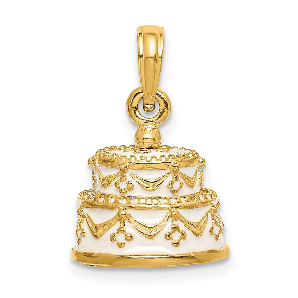 14K Gelbgold Polierter Emaillierter JUST MARRIED 3-D Hochzeitstorten-Anhänger