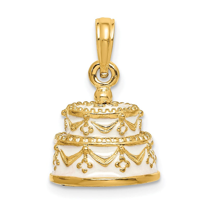 14K Gelbgold Polierter Emaillierter JUST MARRIED 3-D Hochzeitstorten-Anhänger