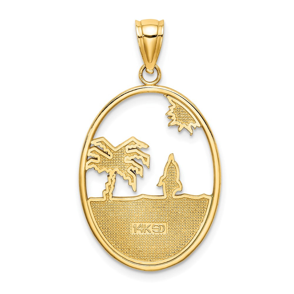 14K Gelbgold Emaille-Charm „Springender Delfin in Strandszene“