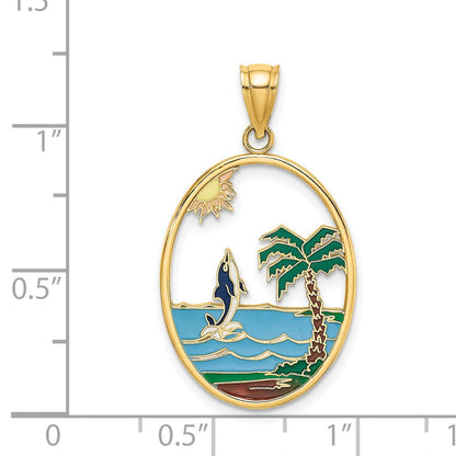14K Gelbgold Emaille-Charm „Springender Delfin in Strandszene“