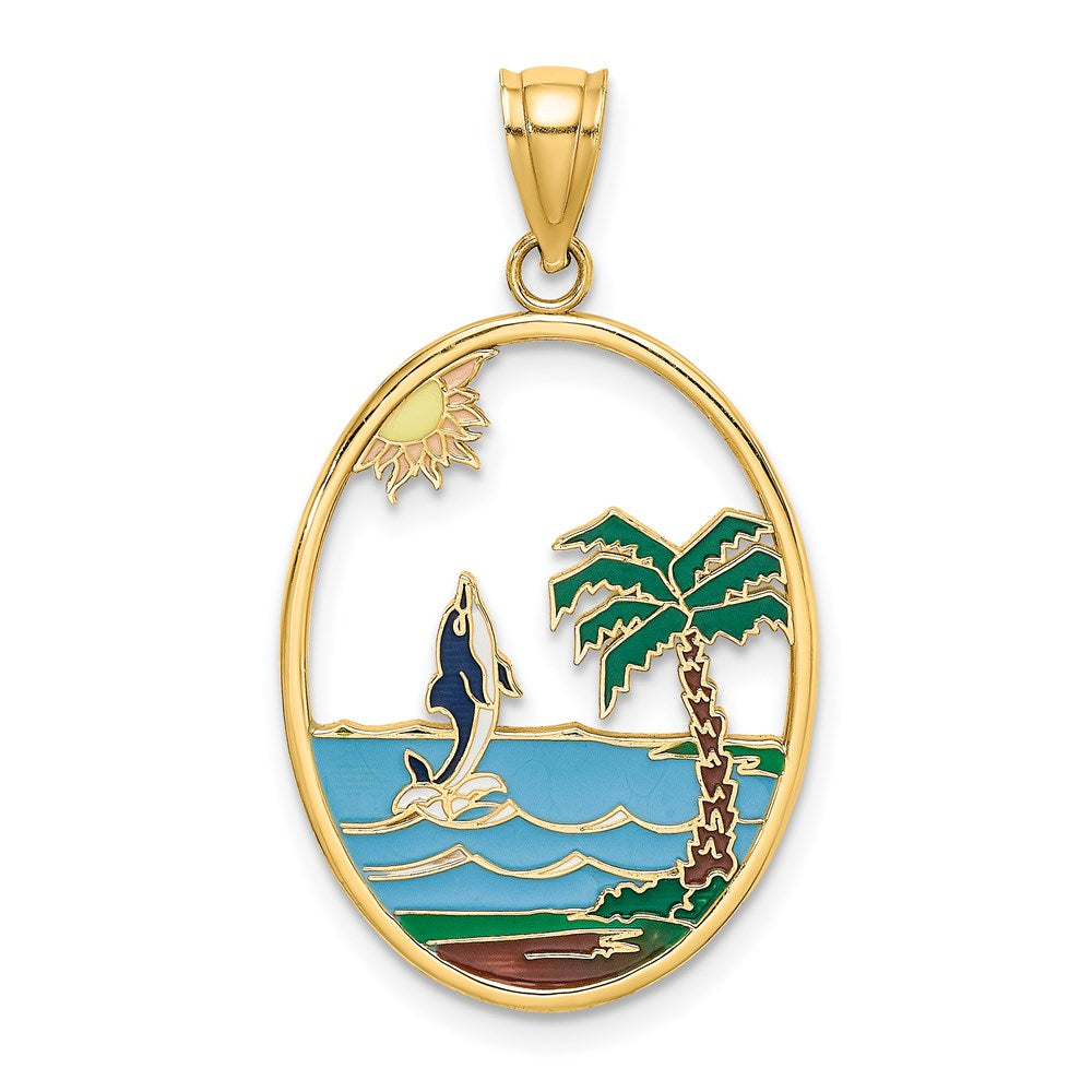14K Gelbgold Emaille-Charm „Springender Delfin in Strandszene“