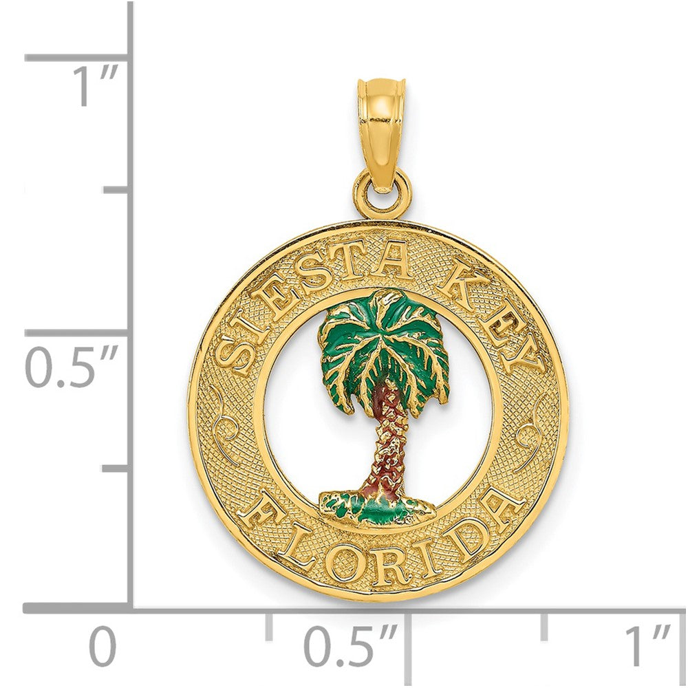 14K Gelbgold SIESTA KEY FL Emaillierter Palmenbaum-Kreis-Charm