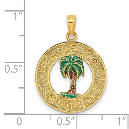14K Gelbgold SIESTA KEY FL Emaillierter Palmenbaum-Kreis-Charm