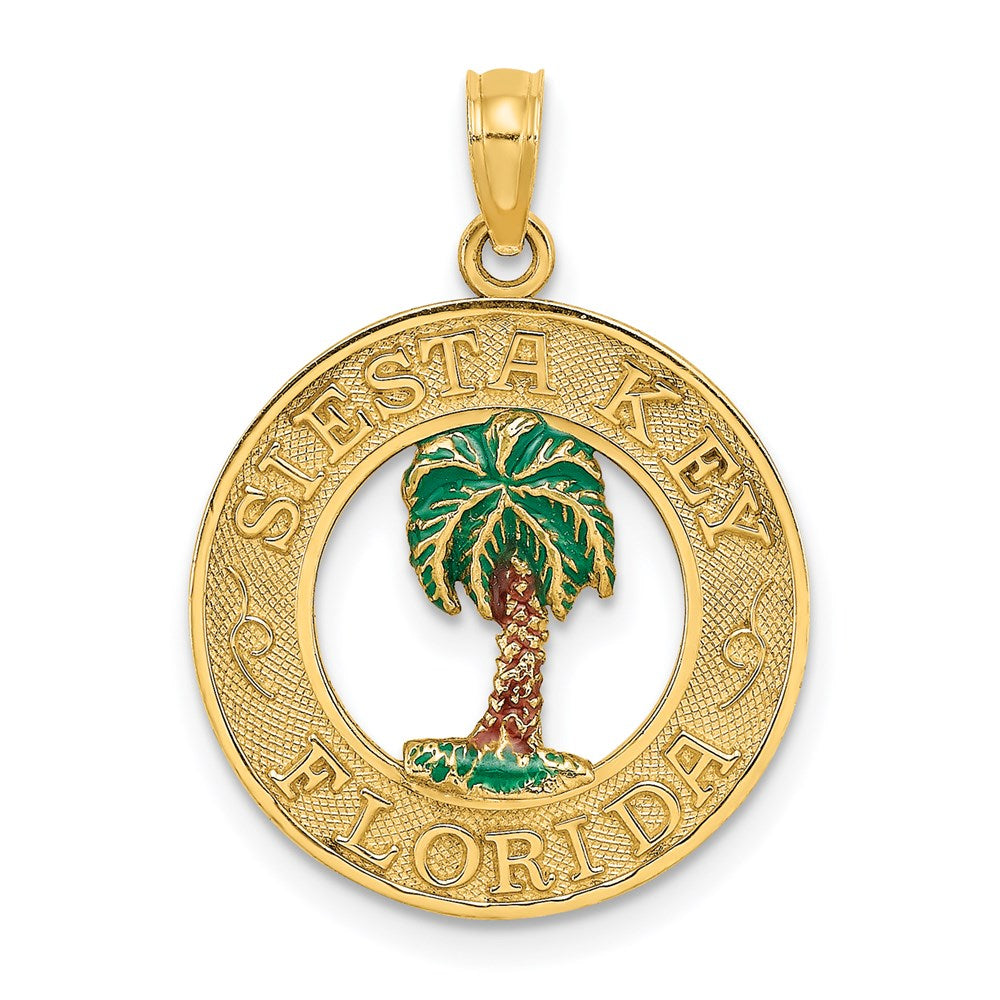 14K Gelbgold SIESTA KEY FL Emaillierter Palmenbaum-Kreis-Charm
