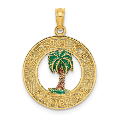 14K Gelbgold SIESTA KEY FL Emaillierter Palmenbaum-Kreis-Charm