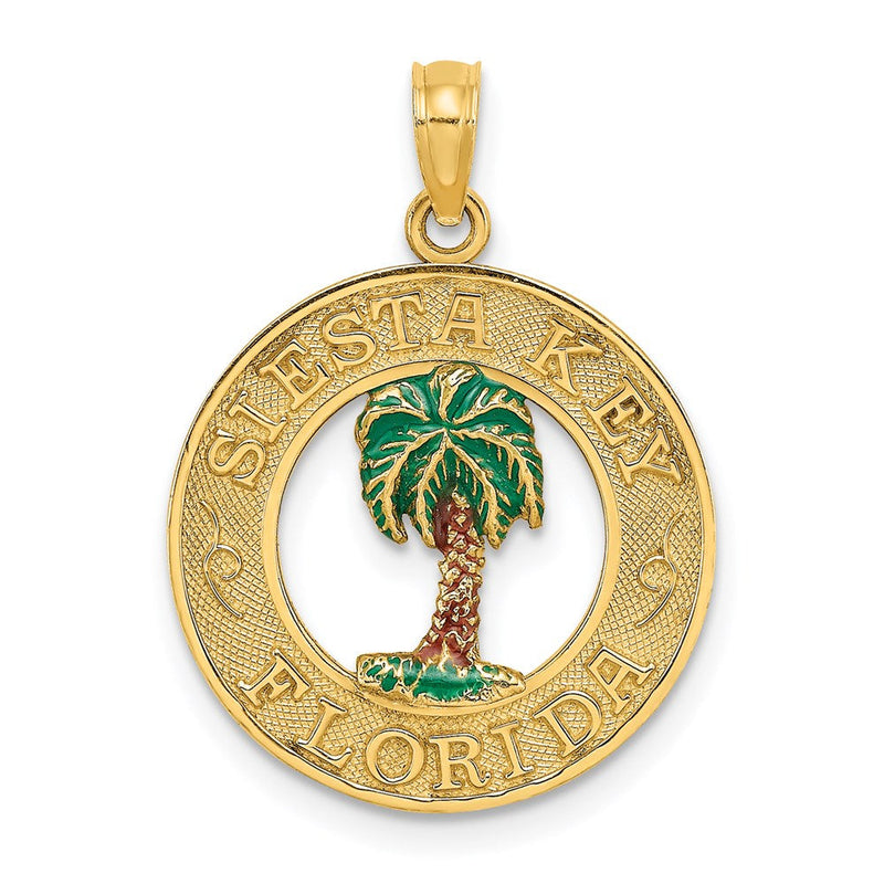 14K Gelbgold SIESTA KEY FL Emaillierter Palmenbaum-Kreis-Charm