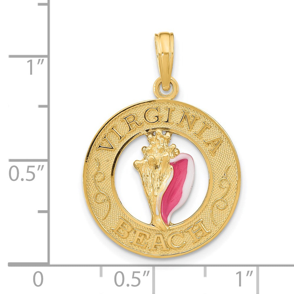 14K Gelbgold emaillierter „VIRGINIA BEACH“-Kreis-Charm mit Muschel