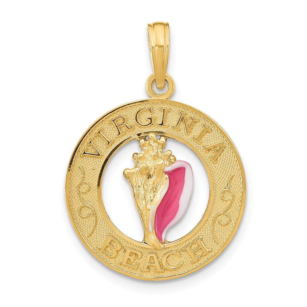 14K Gelbgold emaillierter „VIRGINIA BEACH“-Kreis-Charm mit Muschel