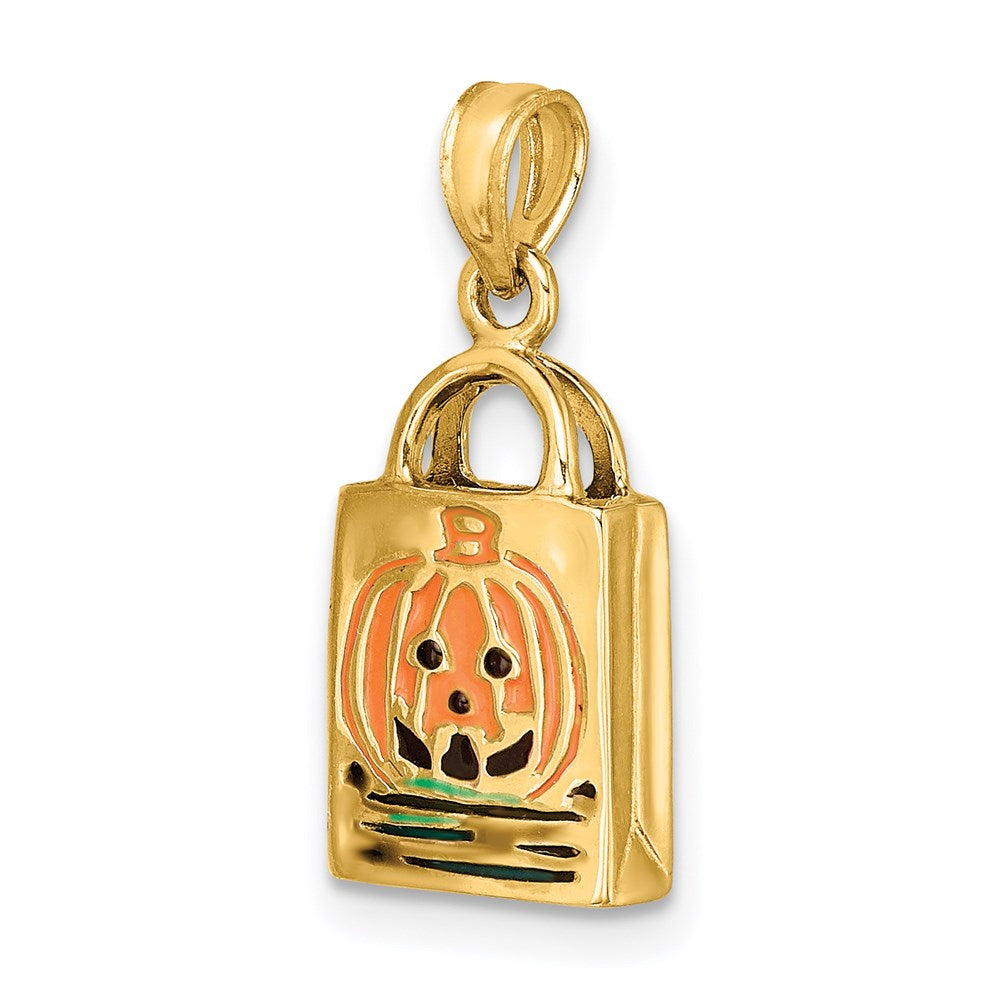 14 Karat Gelbgold 3-D emaillierter Kürbis-Süßes-oder-Saures-Beutel-Charm