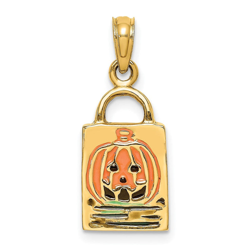 14 Karat Gelbgold 3-D emaillierter Kürbis-Süßes-oder-Saures-Beutel-Charm