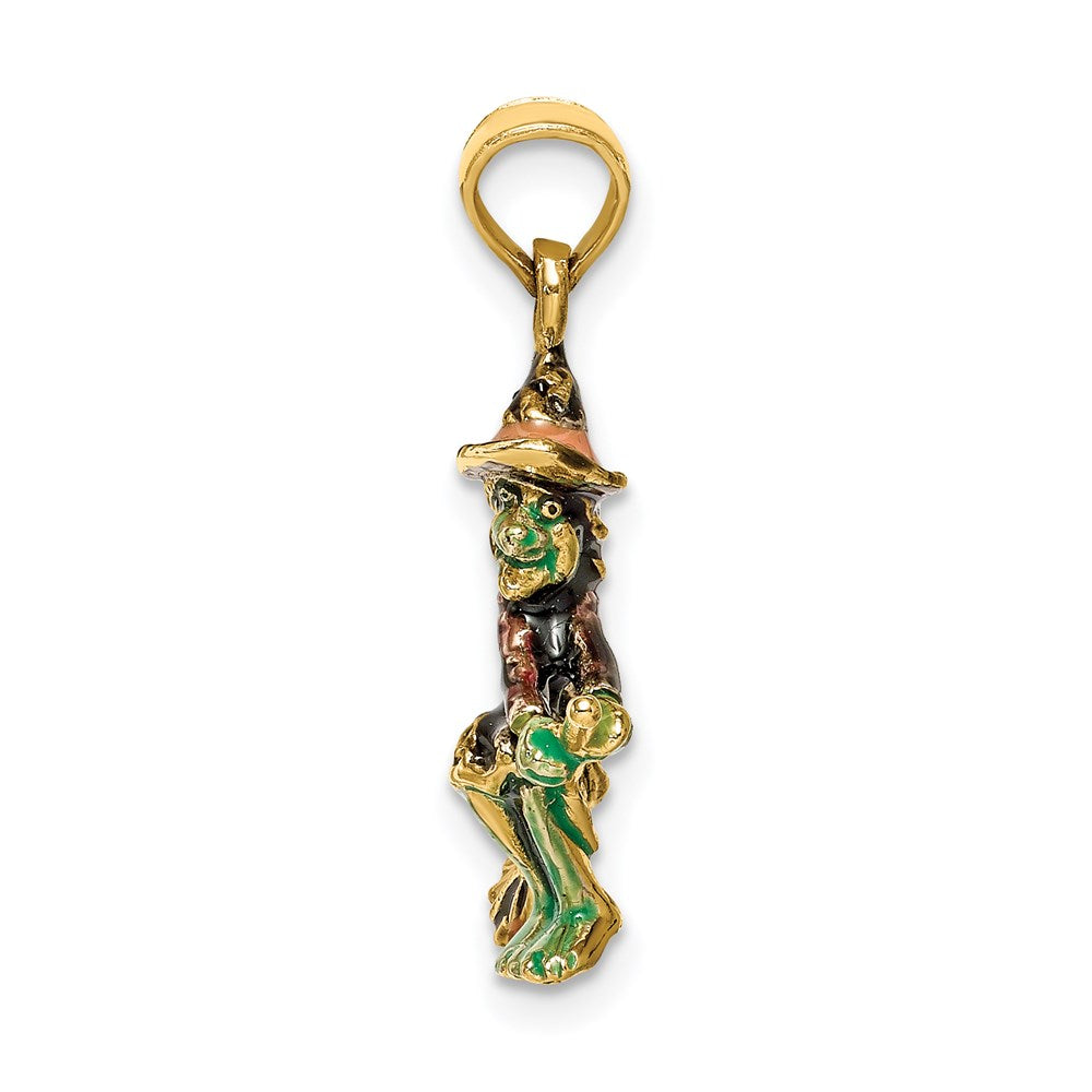 14K Gelbgold 3-D-Charm „Fliegende Hexe auf Besen“, emailliert