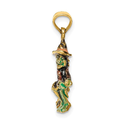 14K Gelbgold 3-D-Charm „Fliegende Hexe auf Besen“, emailliert