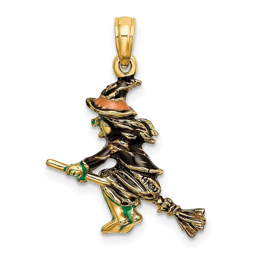14K Gelbgold 3-D-Charm „Fliegende Hexe auf Besen“, emailliert