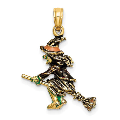 14K Gelbgold 3-D-Charm „Fliegende Hexe auf Besen“, emailliert