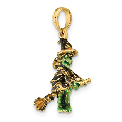 14K Gelbgold 3-D-Charm „Fliegende Hexe auf Besen“, emailliert