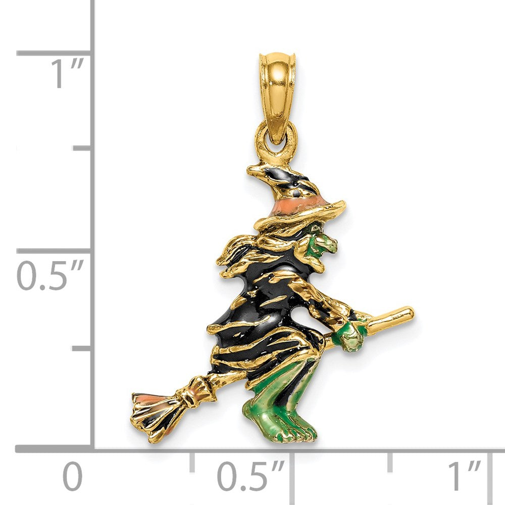 14K Gelbgold 3-D-Charm „Fliegende Hexe auf Besen“, emailliert