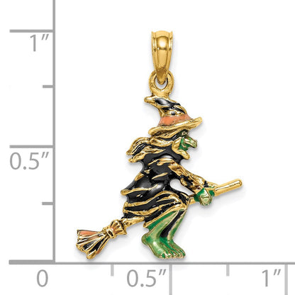 14K Gelbgold 3-D-Charm „Fliegende Hexe auf Besen“, emailliert