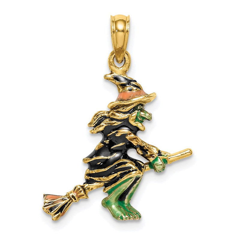 14K Gelbgold 3-D-Charm „Fliegende Hexe auf Besen“, emailliert