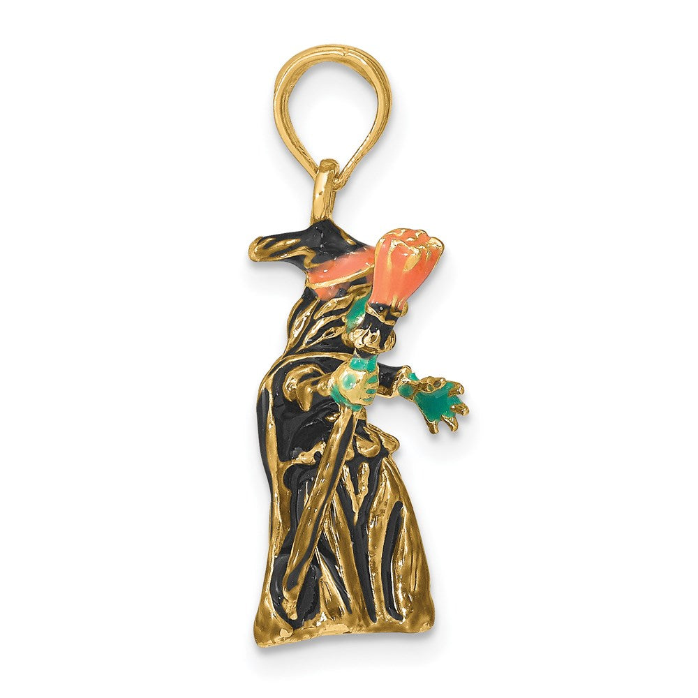 14K Gelbgold 3-D-Charm Hexe mit Besen, emailliert