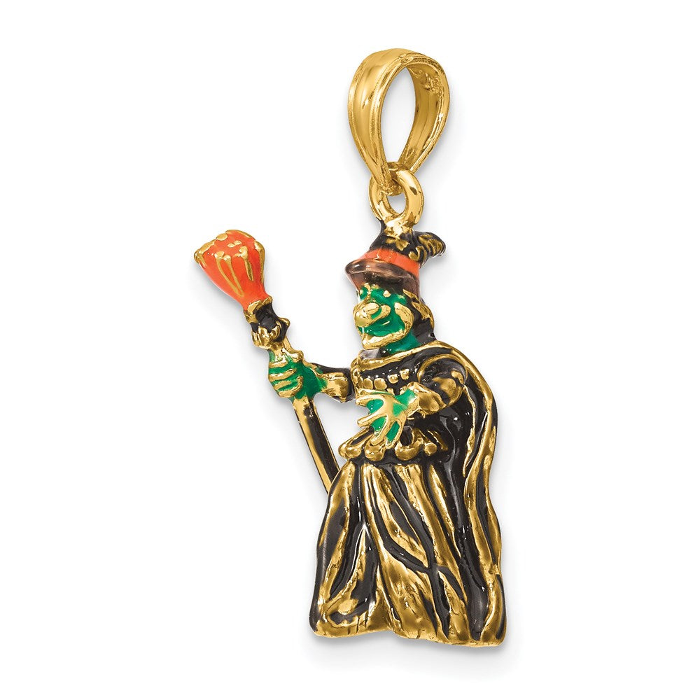 14K Gelbgold 3-D-Charm Hexe mit Besen, emailliert