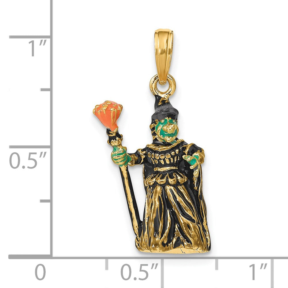 14K Gelbgold 3-D-Charm Hexe mit Besen, emailliert