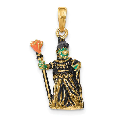 14K Gelbgold 3-D-Charm Hexe mit Besen, emailliert