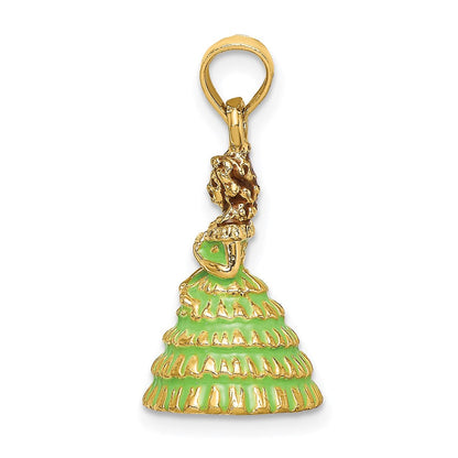 14K Gelbgold 3-D Charm „Südstaaten-Dame im Kleid“ mit grüner Emaille
