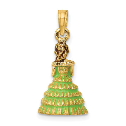14K Gelbgold 3-D Charm „Südstaaten-Dame im Kleid“ mit grüner Emaille