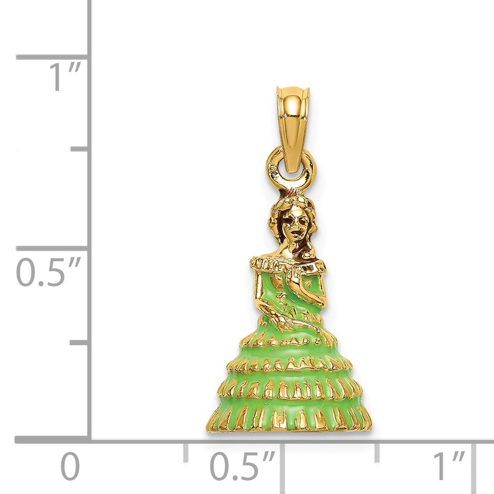 14K Gelbgold 3-D Charm „Südstaaten-Dame im Kleid“ mit grüner Emaille