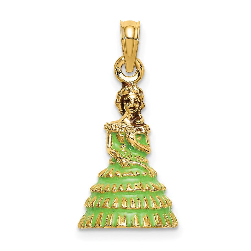 14K Gelbgold 3-D Charm „Südstaaten-Dame im Kleid“ mit grüner Emaille