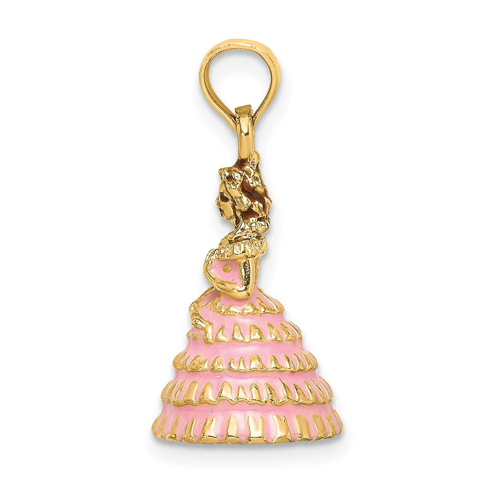 14K Gelbgold 3-D Kleid Südstaaten-Schönheit Charm mit rosa Emaille