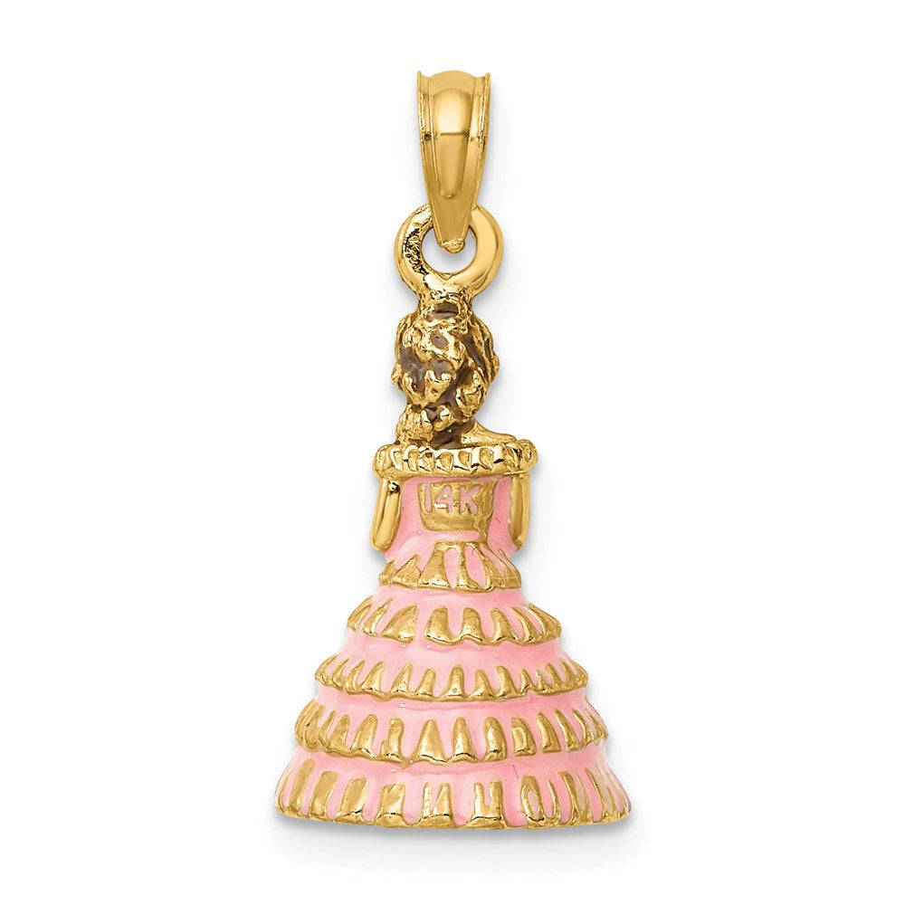 14K Gelbgold 3-D Kleid Südstaaten-Schönheit Charm mit rosa Emaille