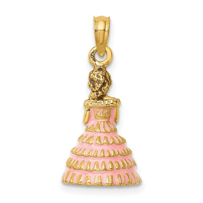 14K Gelbgold 3-D Kleid Südstaaten-Schönheit Charm mit rosa Emaille