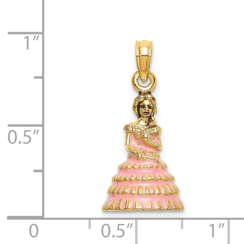 14K Gelbgold 3-D Kleid Südstaaten-Schönheit Charm mit rosa Emaille