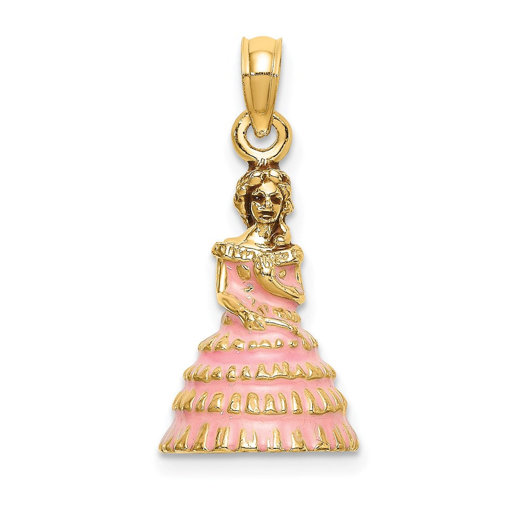 14K Gelbgold 3-D Kleid Südstaaten-Schönheit Charm mit rosa Emaille